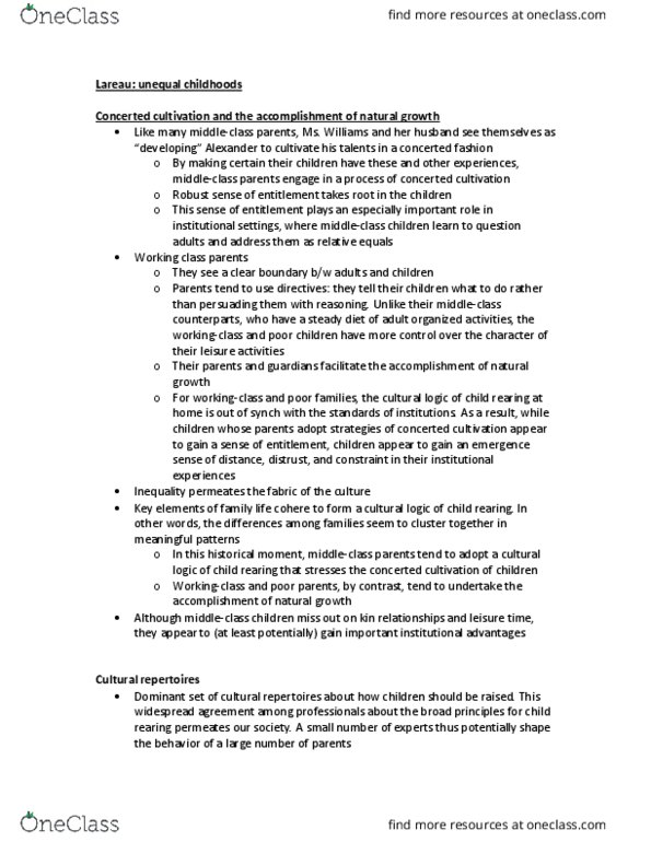 SOCI 210 Chapter Notes - Chapter Lareau : Concerted Cultivation, Bsc Young Boys, Social Stratification thumbnail